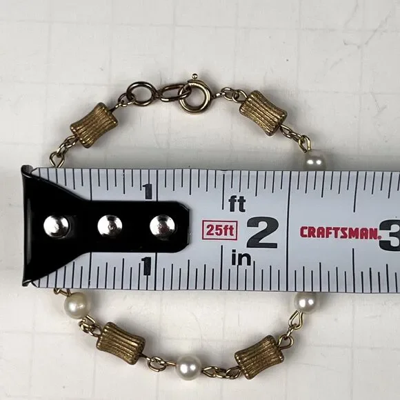 Vintage 7" 20-12K Gold GF 5 Cultured Pearls Gold Ribbed Tubes Bracelet - Picture 2 of 6